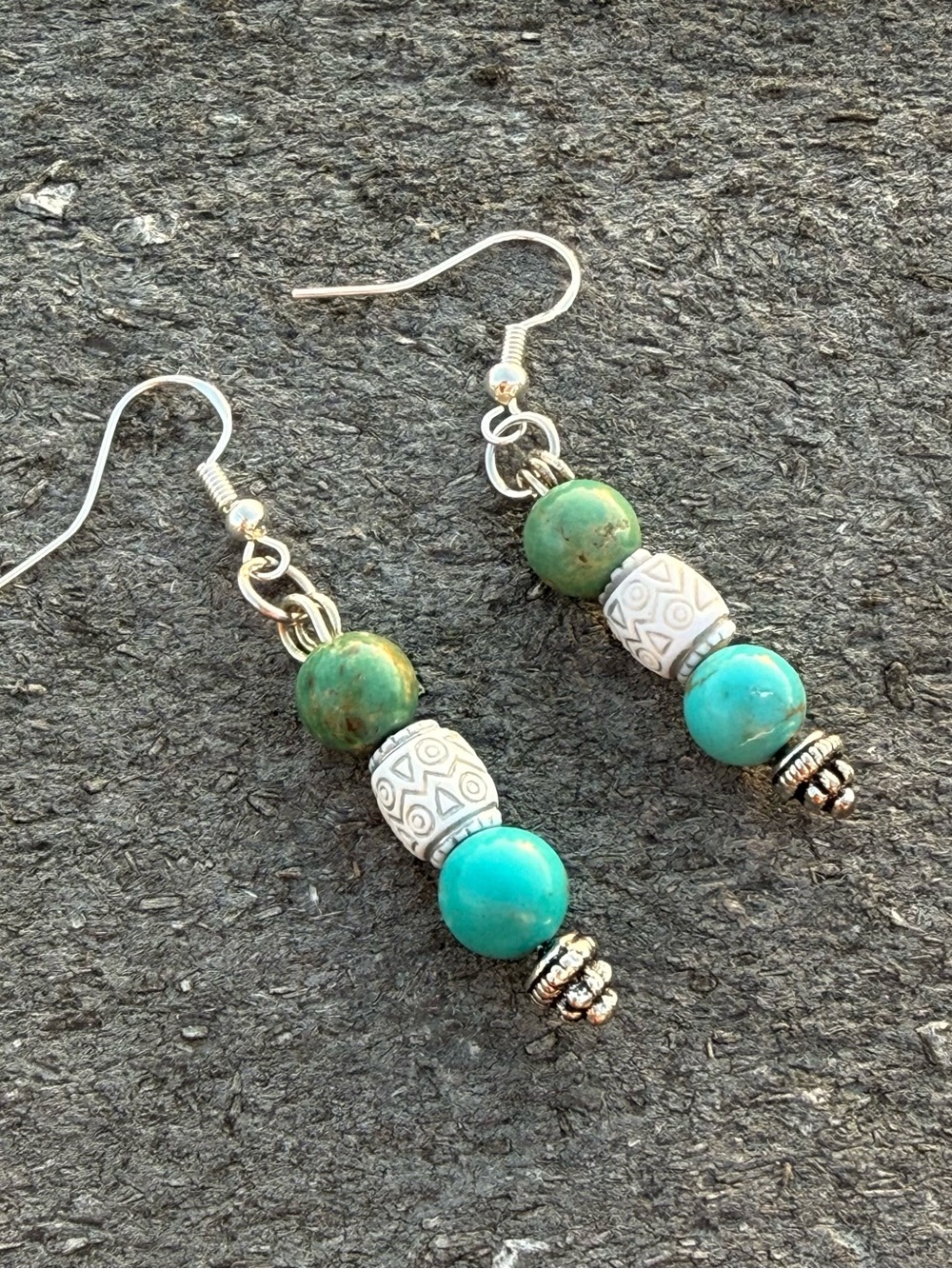 Handmade Turquoise Beaded Drop Earrings with Silver Accents